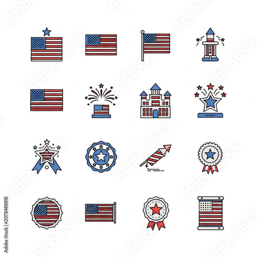 American Flag Icons and Symbols Set.