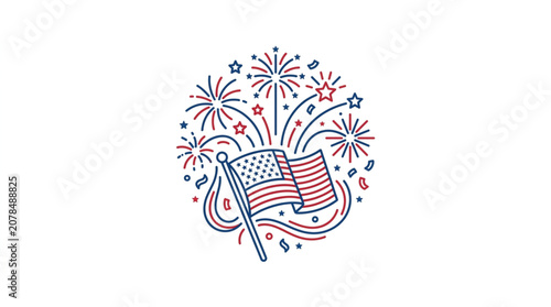 American Flag With Fireworks Celebration Illustration.
