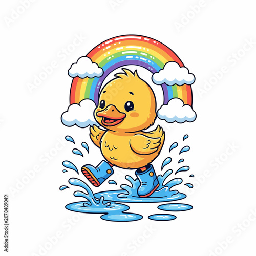 Cute Cartoon Baby Duck Jumping in Water Puddles with Rainbow and Boots Sticker Art