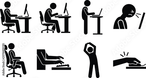 Konstfotografi Ergonomics and correct office sitting posture icons set featuring stretching exe