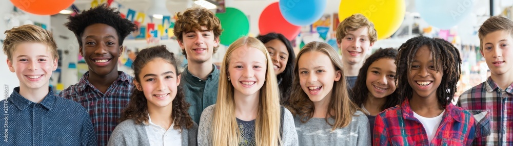Fototapeta premium A diverse group of smiling teenagers standing together with colorful balloons and festive decorations in the background.
