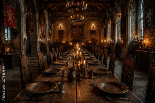 Long medieval banquet table set with wooden trencher plates in candlelight.