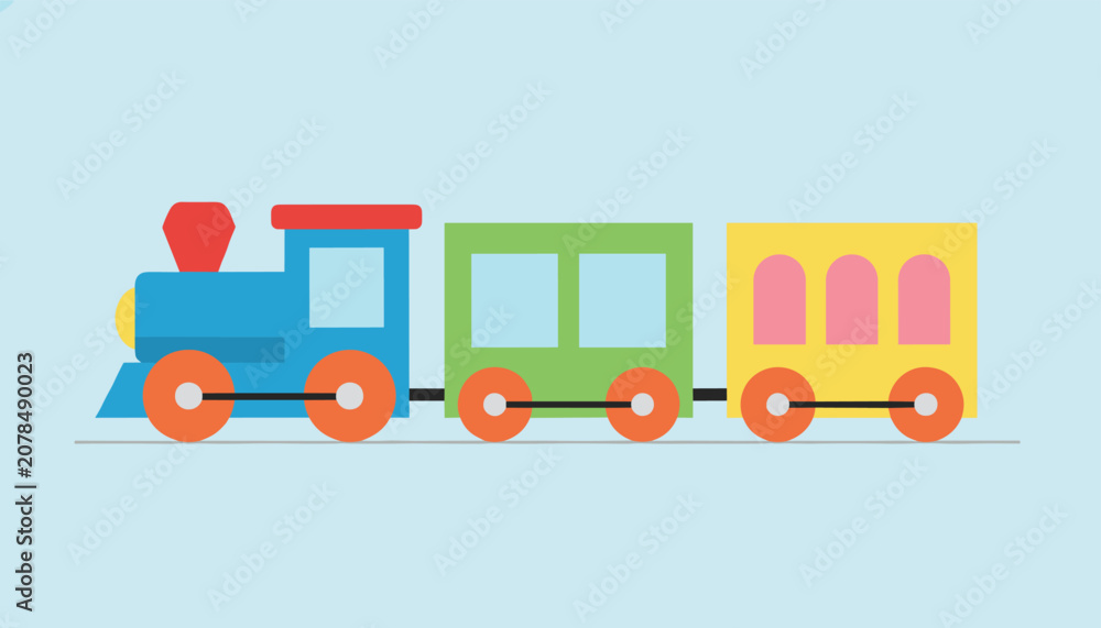 Naklejka premium Colorful toy train illustration featuring a blue locomotive, green passenger car, and yellow caboose on a soft blue background.