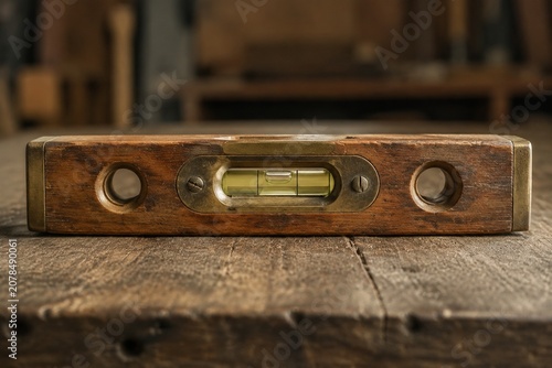 Vintage wooden carpenter's level on a rustic bench, air bubble perfectly centered.