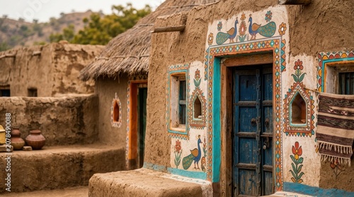 Traditional mud house with colorful peacock art and blue door in offbeat India destinations village showing cultural charm and rustic beauty