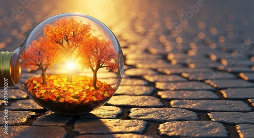 A glowing glass bulb sits on wet cobblestones, housing a tiny magical forest with orange trees, fallen leaves, and golden autumn light, bokeh, detailed, leaves