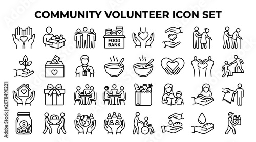 Bild auf Leinwand A collection of line art icons representing community volunteering, charity, and mutual support