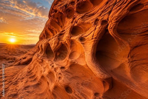 Sandstone rock deeply carved by wind erosion under warm desert sunset light.