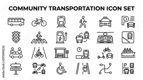 Foto A collection of line art icons representing various modes of community transportation and traffic symbols