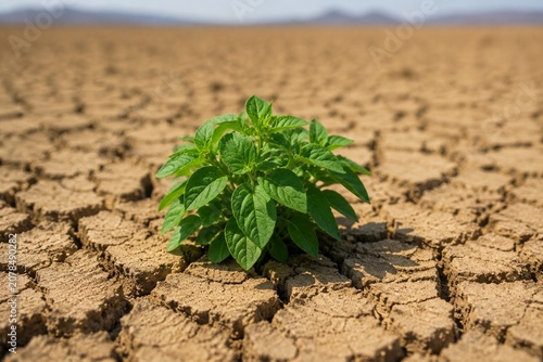 A single thriving plant in cracked earth under harsh sunlight, symbolic isolation.