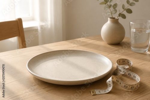Plain plate with measuring tape on dining table, mindful eating and portion control concept.