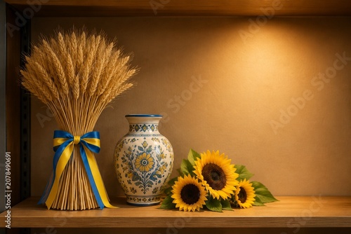 sheaf. Wheat sheaf with blue yellow ribbon, vase and sunflowers, harvest display, representing seasonal cycles and harvest abundance.