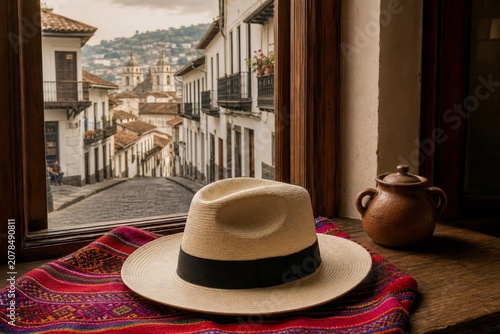 andean. Ecuador Independence Day kitchen surface with Panama hat on Andean textile, earthenware pot, Quito colonial street view, event programs.