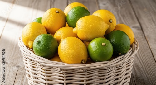 A rustic woven basket filled with fresh yellow lemons and vibrant green limes rests on a wooden table, illuminated by natural sunlight, texture, healthy, still life