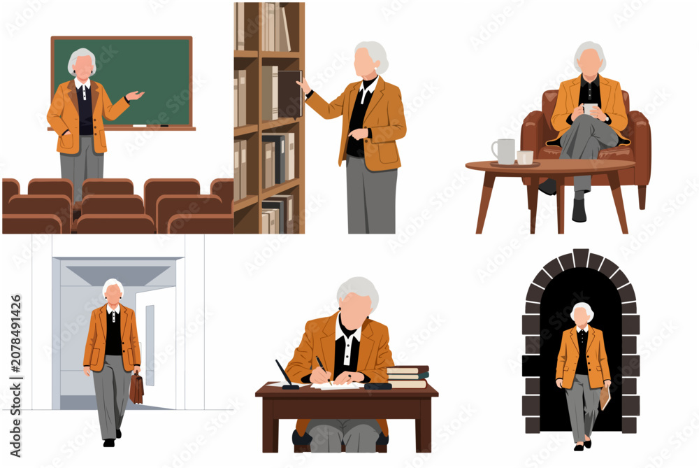 Fototapeta premium Senior female professor character set in academic scenes, teaching in classroom, reading in library, and writing at desk, flat vector illustration