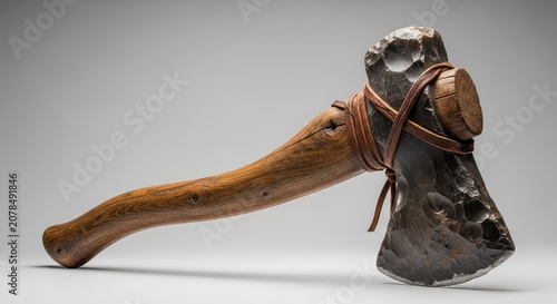 A studio photograph of a weathered ancient axe with a rustic wooden handle and stone head, showcasing antique craftsmanship and history, archaeological, vintage, traditional