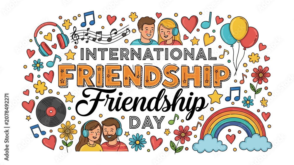 Fototapeta premium Celebrate Friendship: A vibrant graphic illustration for International Friendship Day, featuring diverse people, musical notes, hearts, flowers, a rainbow, and balloons, symbolizing joy, connection.