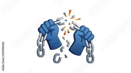 Fotografie Hands Breaking Metal Chain Symbolizing Freedom and Strength.
