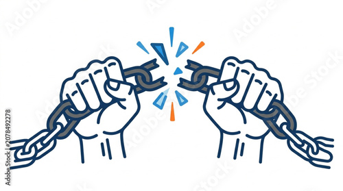Cuadro en lienzo Hands breaking a metal chain with force and determination.