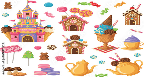 Magical Candy Land Vector Icon Set with Gingerbread Houses, Sweet Castles, Ice Cream Sundaes, Lollipops, and Colorful Confectionery Elements for Fantasy Designs