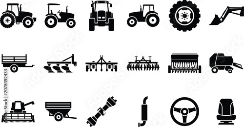 Konstfotografi Agricultural Tractor Silhouette Icon Set with Farm Machinery and Equipment Vecto