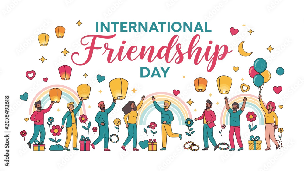 Fototapeta premium Celebration of International Friendship Day: A vibrant illustration depicts diverse people celebrating International Friendship Day with lanterns, balloons, and colorful decorations.