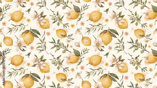 Bright seamless repeating Mediterranean pattern featuring lemons, lemon blossoms, olive leaves, citrus branches, hand-painted watercolor illustration, fresh summer palette, elegant Italian aesthetic