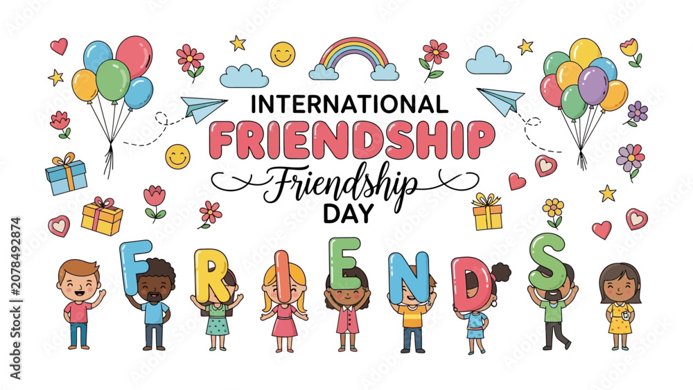 Fototapeta premium International Friendship Day Celebration: A vibrant illustration celebrating International Friendship Day, featuring diverse children holding letters that spell FRIENDS.