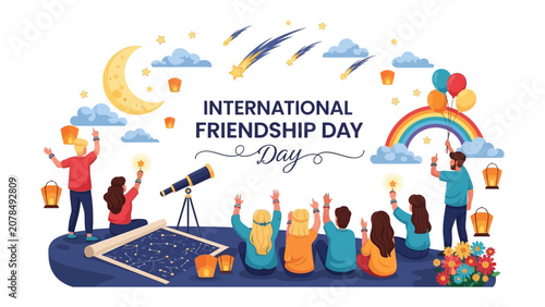Celebrating International Friendship Day: Friends gaze at the night sky filled with shooting stars, a rainbow, and lanterns, symbolizing the magic and wonder of friendship and shared dreams.