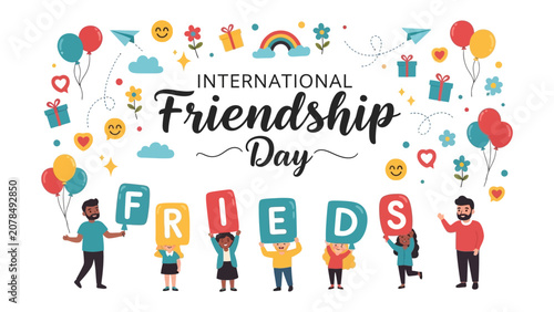 Photos Celebrating Friendship Day: A vibrant illustration depicting diverse individuals holding letters that spell FRIENDS, surrounded by balloons, gifts, and cheerful emojis