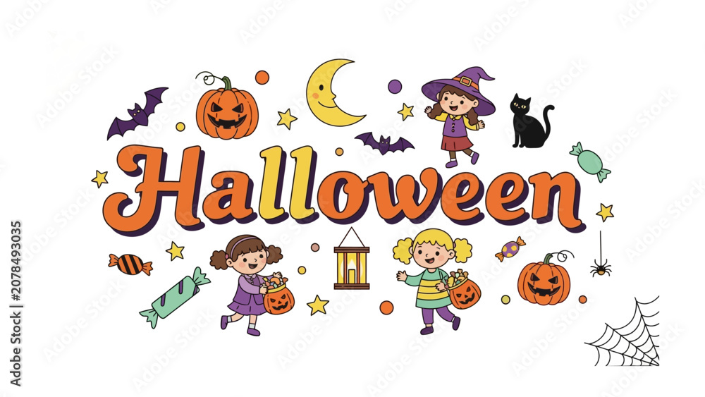Fototapeta premium Halloween Celebration Graphics: A whimsical illustration depicting a festive Halloween scene filled with spooky elements like pumpkins, bats, ghosts, a black cat, trick-or-treaters.