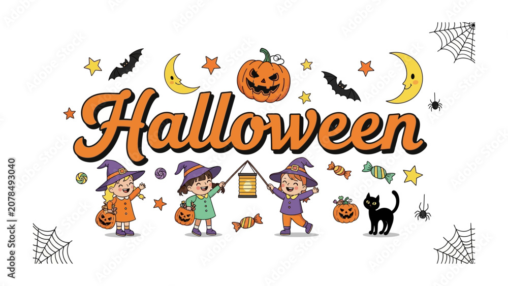 Fototapeta premium Halloween Party Banner: A festive banner featuring cartoon children in witch costumes, pumpkins, bats, and spiderwebs, celebrating the spooky holiday of Halloween.