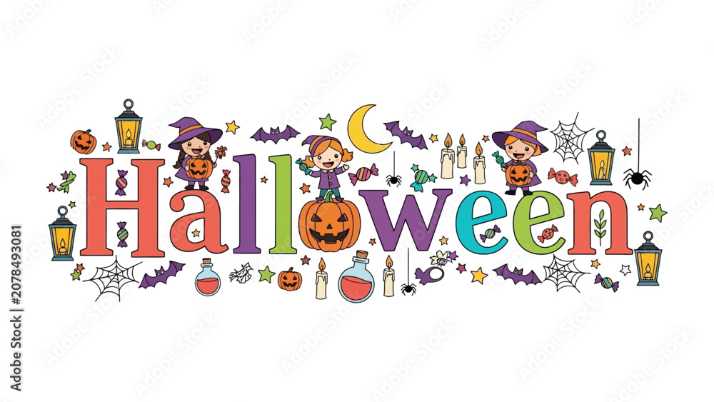 Fototapeta premium Halloween Word Art: A festive and colorful word art celebrating Halloween, featuring playful characters, pumpkins, witches, bats, and spooky elements.