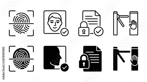 Biometric authentication and secure access icon set with biometric authentication security fingerprint scanning