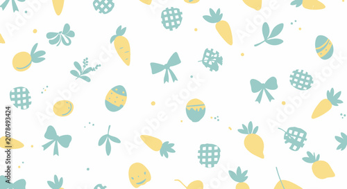 Easter themed pattern with eggs carrots bows and foliage on white background