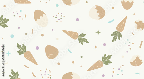 Easter themed pattern with eggs carrots and confetti on a light background
