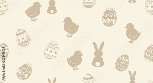 Easter themed pattern with eggs chicks and rabbits in beige color