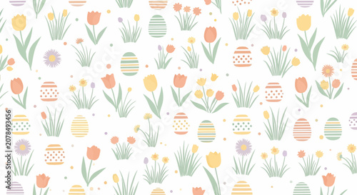 Easter themed pattern with eggs flowers and grass illustration on white background