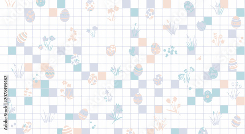 Easter themed pattern with eggs flowers and checkered background design