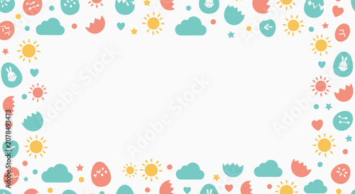 Easter themed pattern with eggs sun clouds and hearts white copy space background