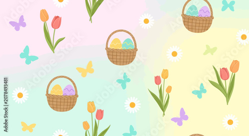 Easter themed pattern with eggs in baskets tulips daisies and butterflies