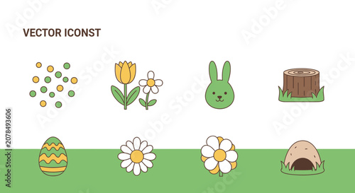 Easter themed vector icons of flowers bunny egg and stump on green background