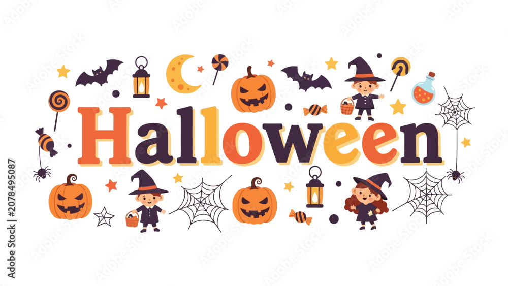 Fototapeta premium Halloween Festive Banner: A vibrant and playful banner adorned with classic Halloween motifs including smiling pumpkins, spooky bats, crescent moon, sweet treats, and costumed trick-or-treaters.