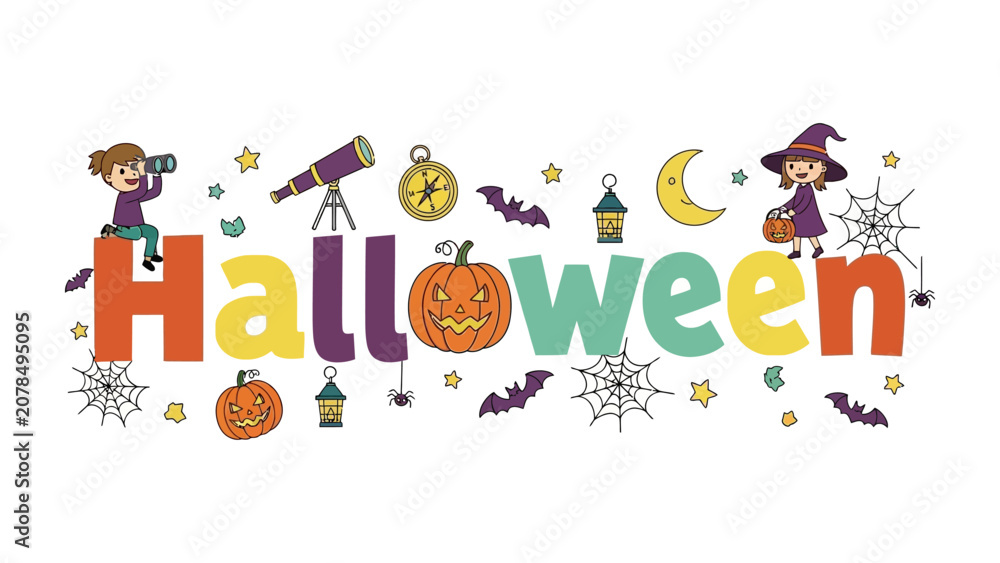 Fototapeta premium Halloween Celebration Banner: A whimsical collection of Halloween-themed illustrations, including children in costumes, pumpkins, bats, and spiderwebs, spells out Halloween in vibrant.