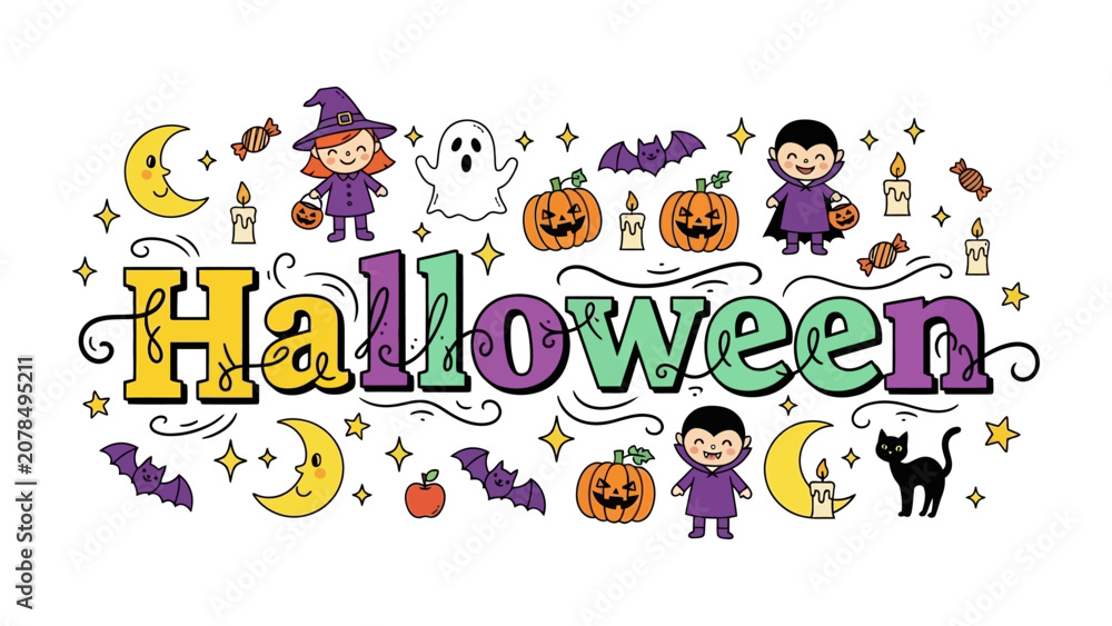 Fototapeta premium Happy Halloween Doodle: A whimsical illustration featuring the word Halloween surrounded by playful icons like a witch, ghost, vampire, bats, pumpkins, and crescent moons.
