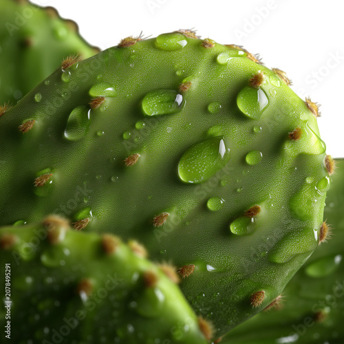 Closeup of a vibrant green prickly pear cactus pad with fresh water droplets isolated on transparent background