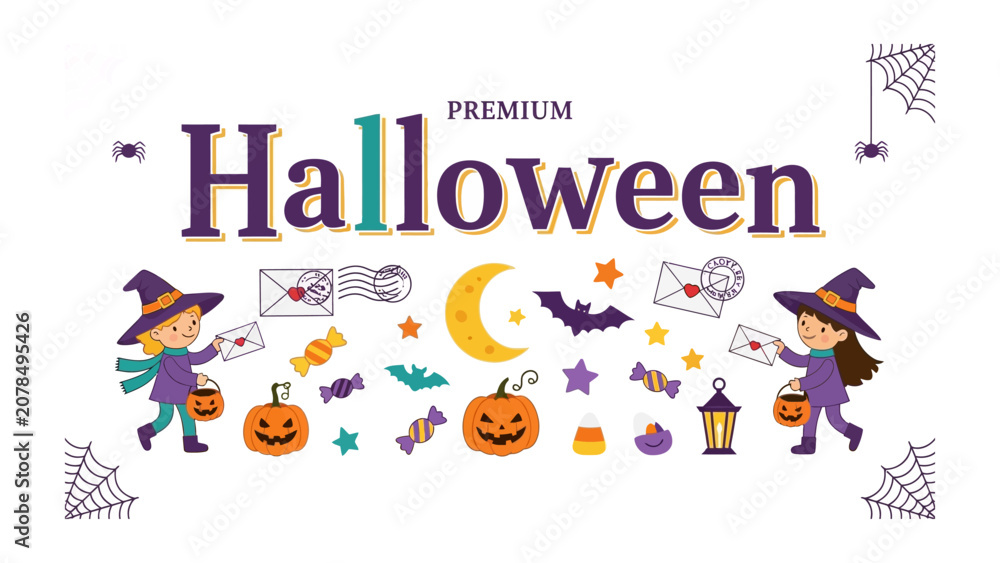 Fototapeta premium Halloween Celebration Elements: A festive illustration depicting elements of a Halloween celebration, including costumed children, pumpkins, candy, bats, and celestial motifs.