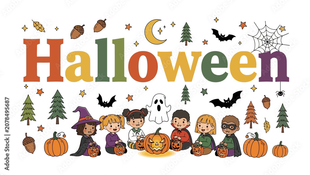 Fototapeta premium Halloween Celebration: A whimsical collection of diverse children dressed in festive Halloween costumes, surrounded by pumpkins, bats, ghosts, and autumn motifs.