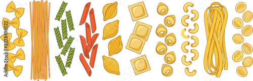 Photos Italian Pasta Varieties Vector Icon Set with Spaghetti Farfalle Penne Fusilli Co
