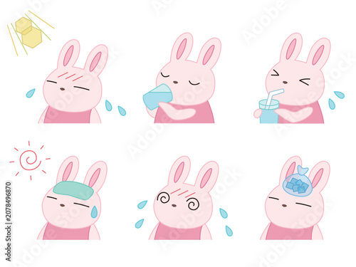 熱中症対策をするウサギのイラストセット